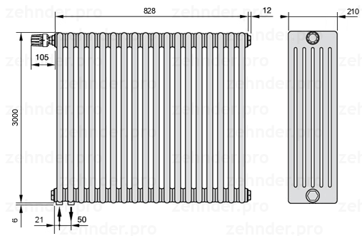 Схема (чертеж) Радиатор Zehnder Charleston 6300/18 №V001 Белый глянцевый RAL 9016